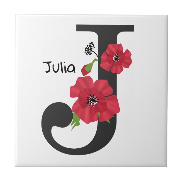 Personalized monogram editable J text red flower Ceramic Tile (Front)