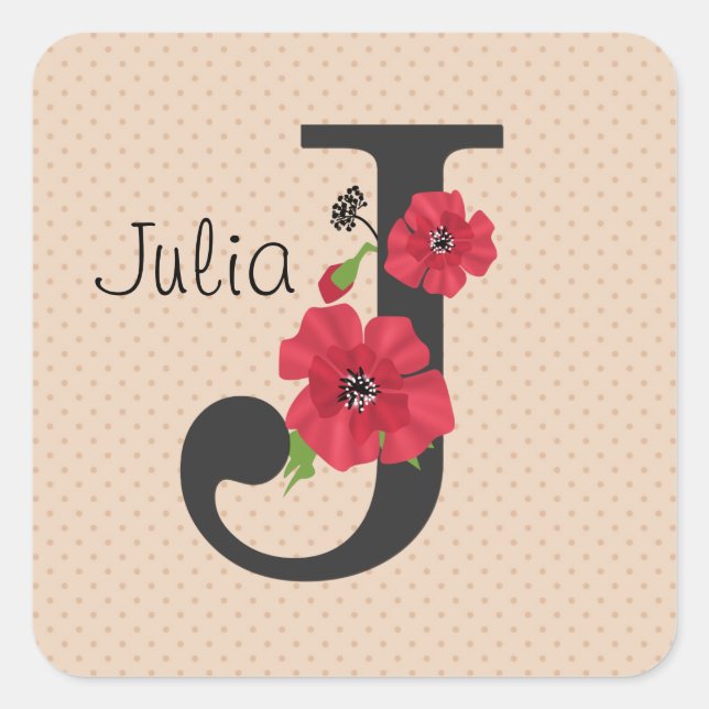 Personalized monogram editable J text red flower f Square Sticker (Front)