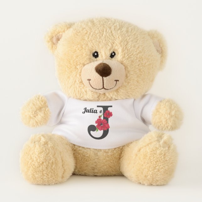 Personalized monogram editable J text red flower f Teddy Bear (Front)