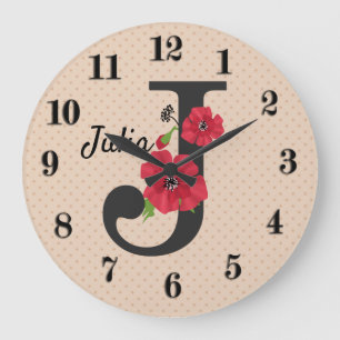 Personalized monogram editable J text red flower Large Clock