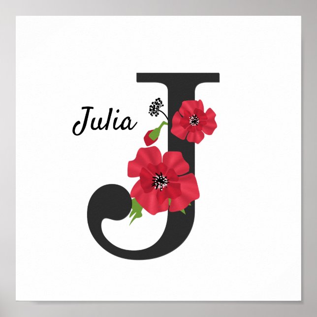 Personalized monogram editable J text red flower Poster (Front)