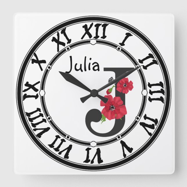 Personalized monogram editable J text red flower Square Wall Clock (Front)