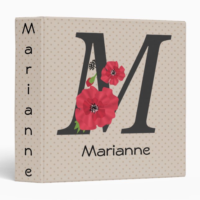 Personalized monogram editable M text red flower 3 Ring Binder (Front/Spine)