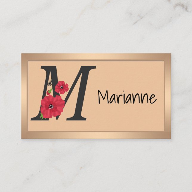 Personalized monogram editable M text red flower Business Card (Front)