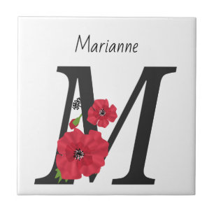 Personalized monogram editable M text red flower Ceramic Tile