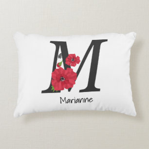 Personalized monogram editable M text red flower f Accent Pillow