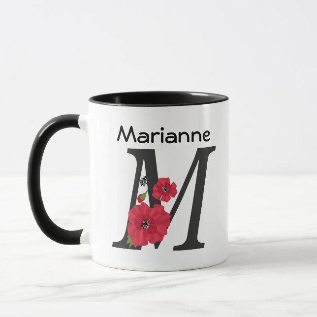 Personalized monogram editable M text red flower f Mug (Left)