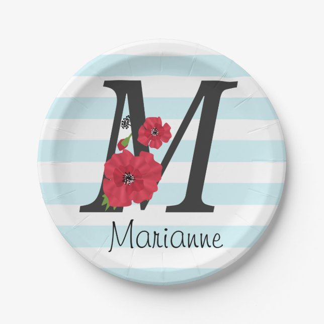 Personalized monogram editable M text red flower f Paper Plates (Front)