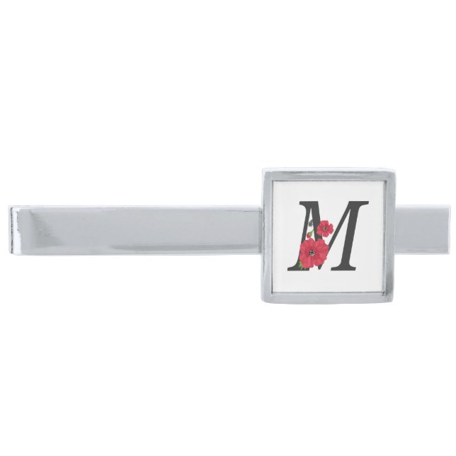 Personalized monogram editable M text red flower f Silver Finish Tie Bar (Front)