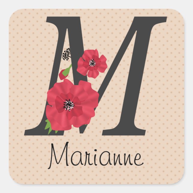 Personalized monogram editable M text red flower f Square Sticker (Front)