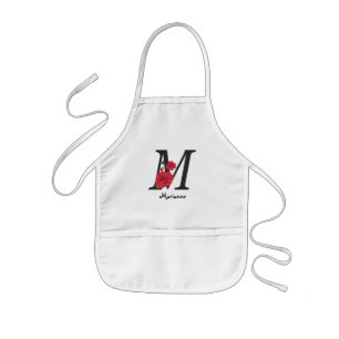 Personalized monogram editable M text red flower Kids' Apron