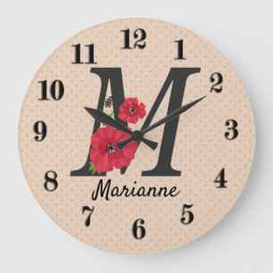 Personalized monogram editable M text red flower Large Clock