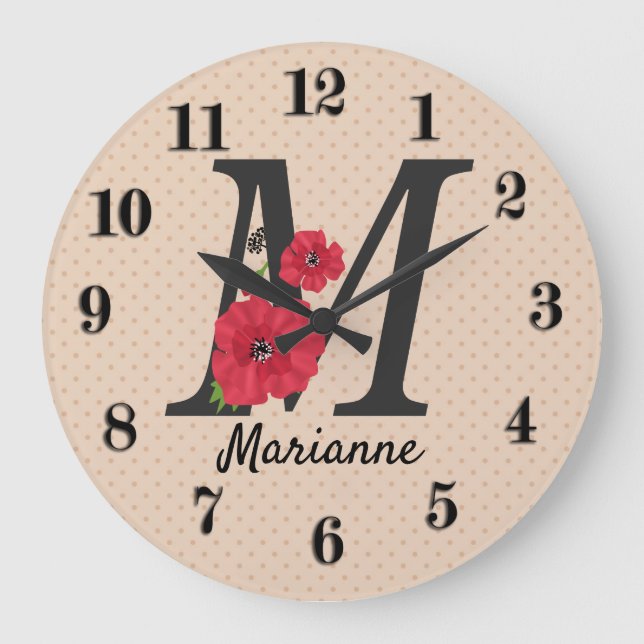 Personalized monogram editable M text red flower Large Clock (Front)