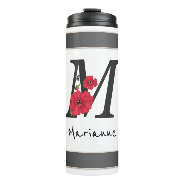 Personalized monogram editable M text red flower Thermal Tumbler (Front)