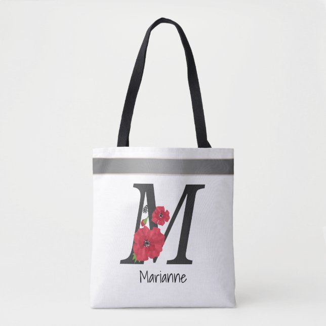 Personalized monogram editable M text red flower Tote Bag (Front)