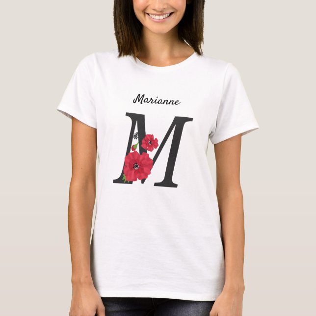 Personalized monogram editable text red flower flo T-Shirt (Front)