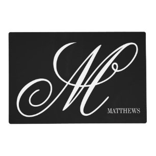 Personalized monogram elegant black and white placemat