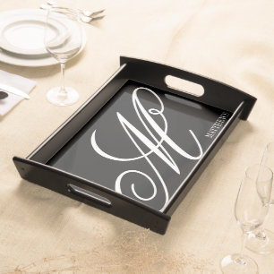 Personalized monogram elegant black and white serving tray
