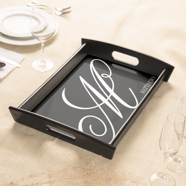 Personalized monogram elegant black and white serving tray (Front)