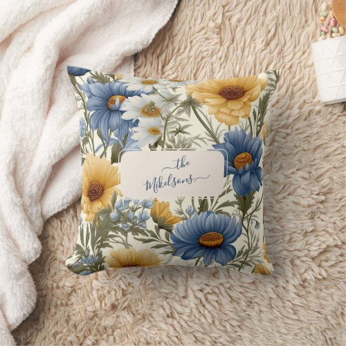 Personalized Monogram Elegant Boho Wildflower  Throw Pillow
