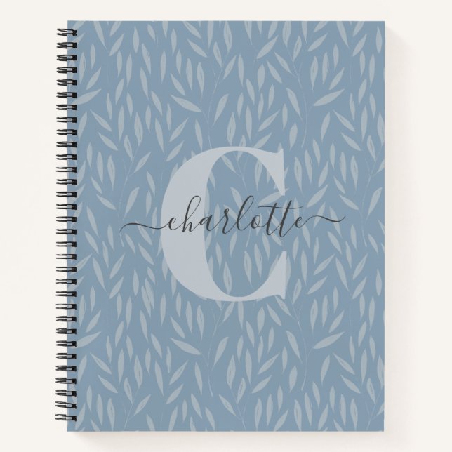 Personalized Monogram Elegant Botanical Blue Leaf Notebook (Front)