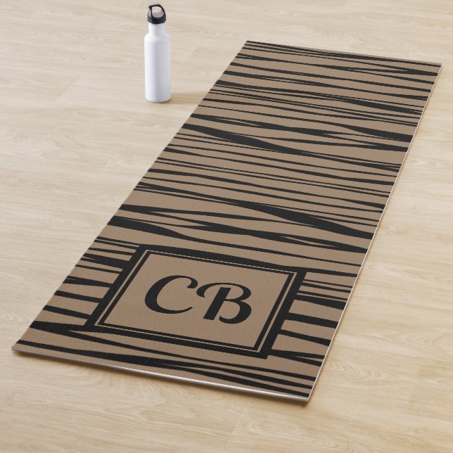Personalized Monogram Elegant Line Art Black Beige Yoga Mat (In Situ)