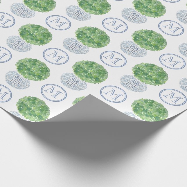 Personalized Monogram Evergreen Topiary Ginger Jar Wrapping Paper (Corner)