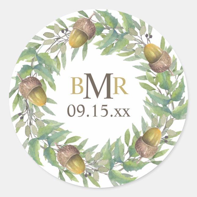 Personalized Monogram Fall Wedding Acorn Wreath Cl Classic Round Sticker (Front)