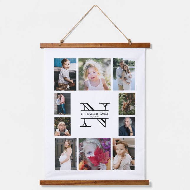 Personalized Monogram Family 10 Photo Collage Hanging Tapestry (Front)