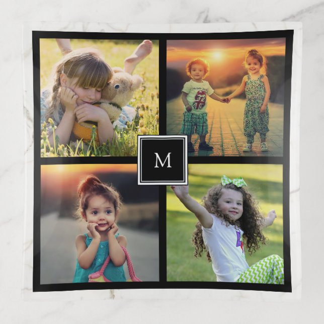 Personalized monogram Family 4 photo collage Trinket Tray (Front)