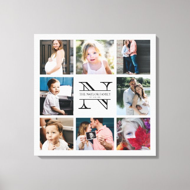 Personalized Monogram Family 8 Photo Collage Canvas Print (Front)