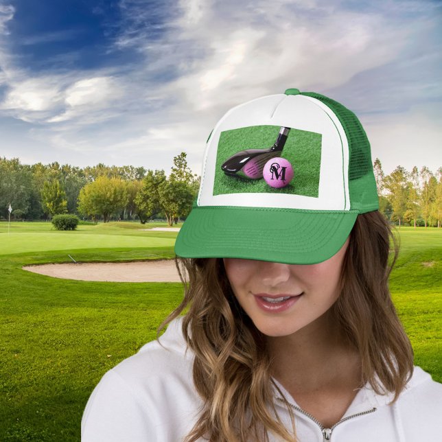 Personalized Monogram Fancy Script Pink Golf Ball Trucker Hat (Creator Uploaded)