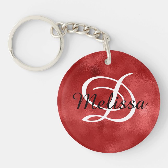 Personalized Monogram Faux Dark Red Foil Photo Keychain (Front)