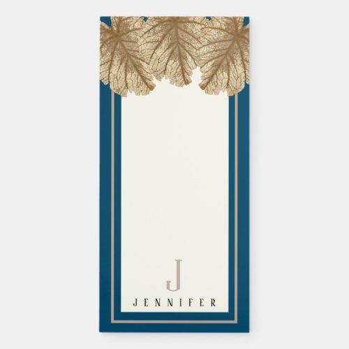 Personalized Monogram Faux Gold Leaves Navy Blue Magnetic Notepad