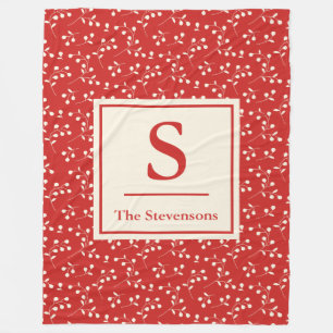Personalized Monogram Festive Christmas Red Floral Fleece Blanket