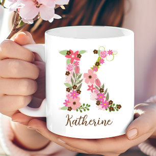 Personalized Monogram Floral Letter K Coffee Mug