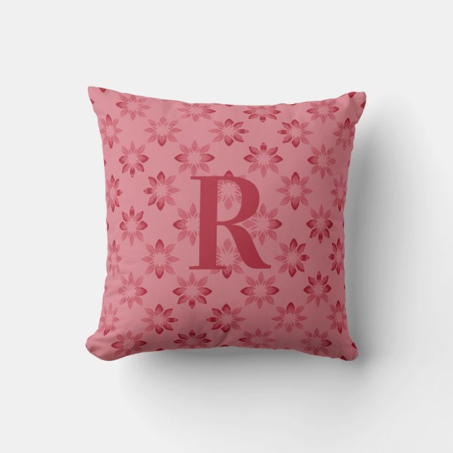 Personalized Monogram Floral Red Pink Throw Pillow (Front)