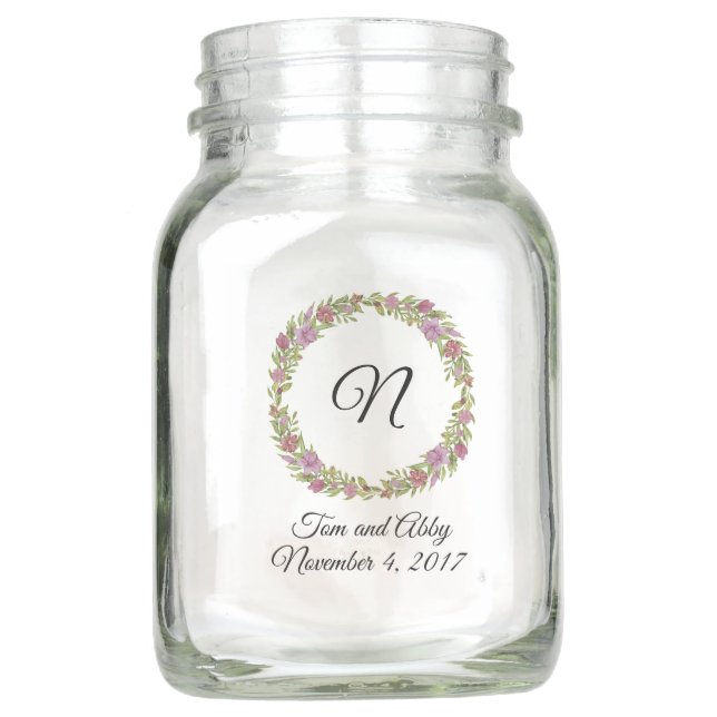 Personalized Monogram Floral Wreath Mason Jar (Front)