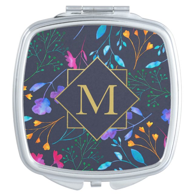 Personalized Monogram FloralPattern Compact Mirror (Front)