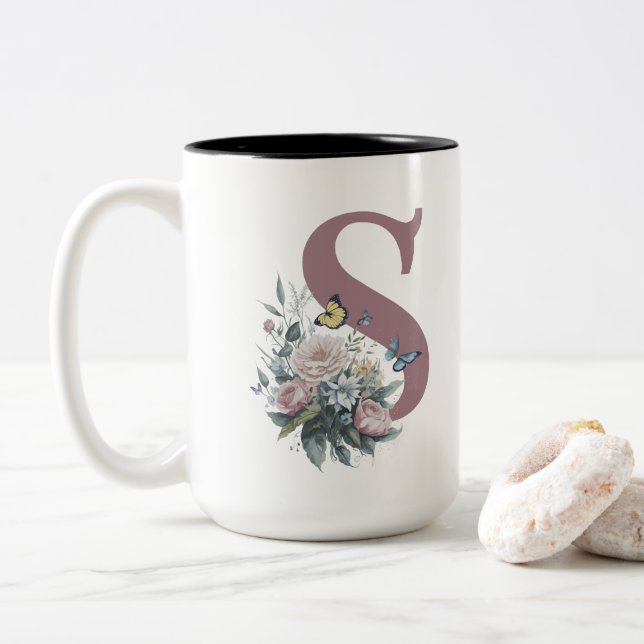 Personalized Monogram Flower Name Two-Tone Coffee Mug (With Donut)