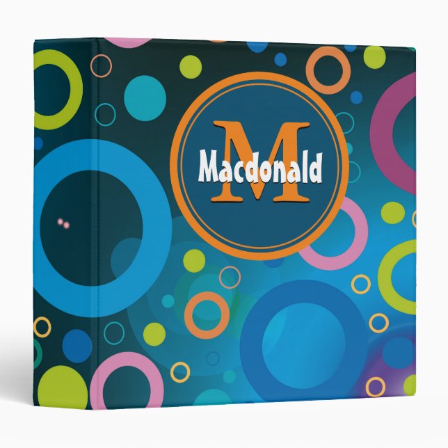 Personalized Monogram Geometric Circles BLUE 3 Ring Binder (Front/Spine)
