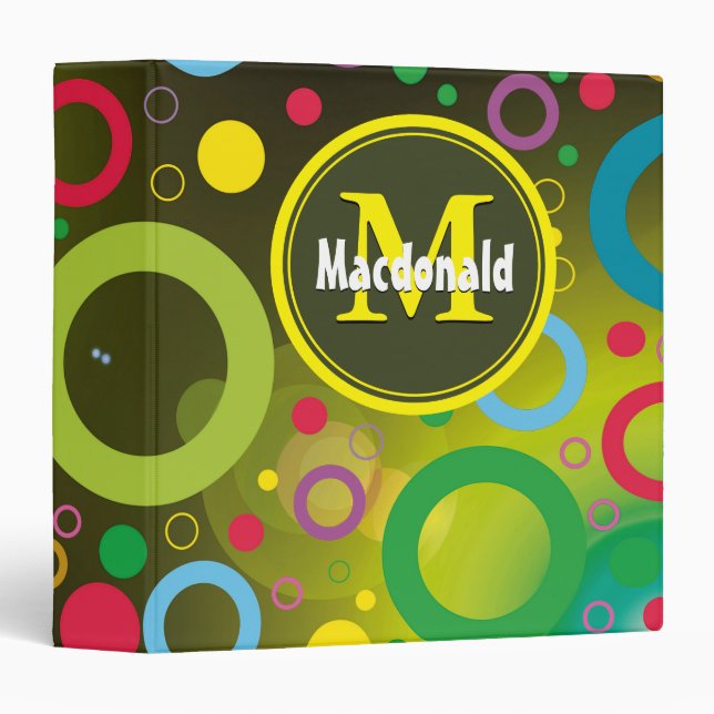 Personalized Monogram Geometric Circles YELLOW 3 Ring Binder (Front/Spine)