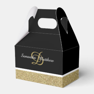 Personalized Monogram Glitter Gold Black Wedding Favor Boxes