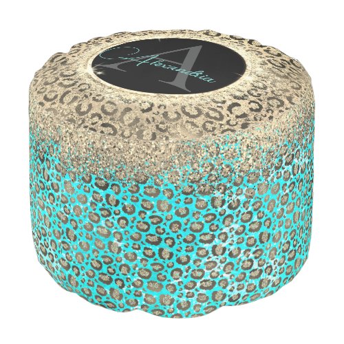 Personalized Monogram Glittery Turquoise Leopard   Pouf