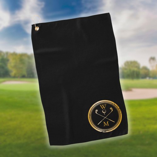 Personalized Monogram Gold And Black Golf Towel