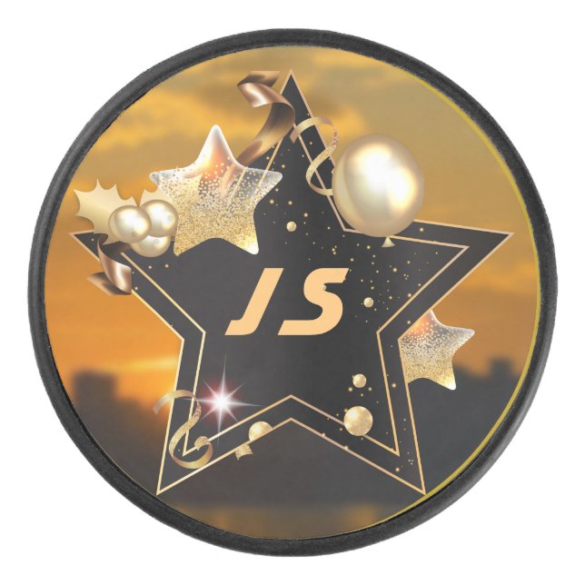  Personalized Monogram Gold Black Metallic Stars Hockey Puck (Front)