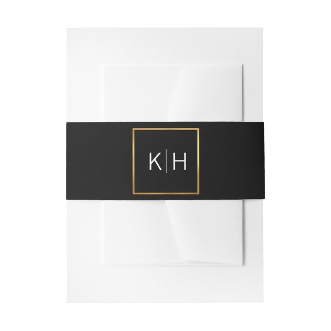 Personalized Monogram Gold Foil Black Wedding Invitation Belly Band (Front Example)