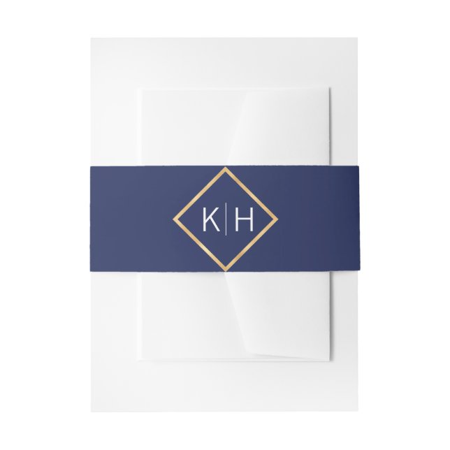 Personalized Monogram Gold Frame Navy Blue Wedding Invitation Belly Band (Front Example)