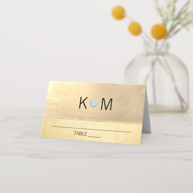 Personalized Monogram Gold Heart Diamond Wedding Place Card (Front)