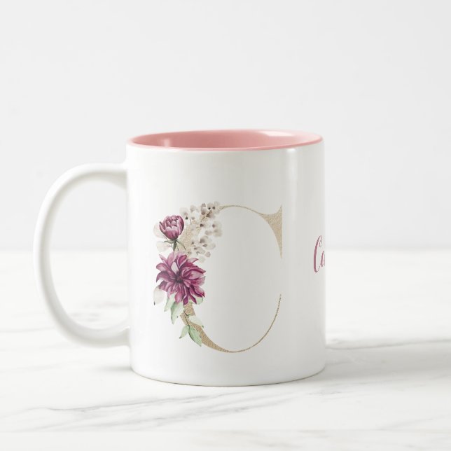 Personalized Monogram Gold Letter C Pink Floral  Two-Tone Coffee Mug (Left)